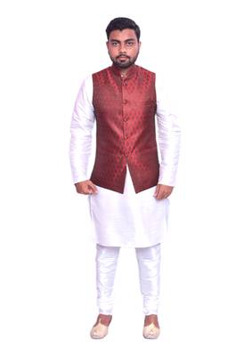 Men's White Matching Kurta Churidar With Solid Maroon Waistcoat 1