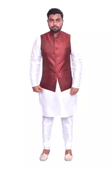 Men's White Matching Kurta Churidar With Solid Maroon Waistcoat