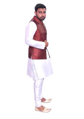 Men's White Matching Kurta Churidar With Solid Maroon Waistcoat 2