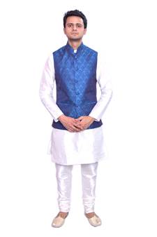 Men's Cream Matching Kurta Churidar With Deep Sky Blue Waistcoat