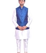 Men's Cream Matching Kurta Churidar With Deep Sky Blue Waistcoat