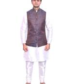 Men's Cream Matching Kurta Churidar With Banarsi Brown Waistcoat