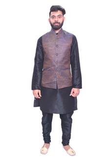 Men's Black Matching Kurta Churidar With Banarsi Brown Waistcoat