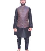 Men's Black Matching Kurta Churidar With Banarsi Brown Waistcoat