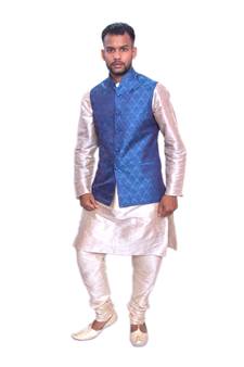 Men's Double Tone Matching Kurta Churidar With Deep Sky Blue Waistcoat