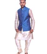 Men's Double Tone Matching Kurta Churidar With Deep Sky Blue Waistcoat