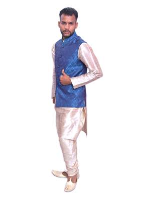 Men's Double Tone Matching Kurta Churidar With Deep Sky Blue Waistcoat 2