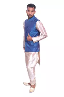 Men's Double Tone Matching Kurta Churidar With Deep Sky Blue Waistcoat
