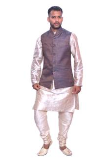 Men's Double Tone Matching Kurta Churidar With  Banarsi Brown Waistcoat