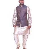Men's Double Tone Matching Kurta Churidar With  Banarsi Brown Waistcoat