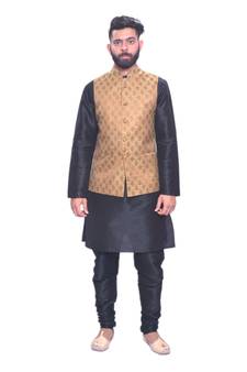 Men's Black Matching Kurta Churidar With Banarsi Copper Gold Waistcoat