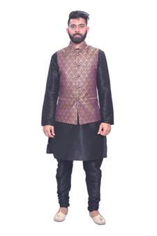 Men's Black Matching Kurta Churidar With Misty Rose Waistcoat