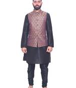 Men's Black Matching Kurta Churidar With Misty Rose Waistcoat
