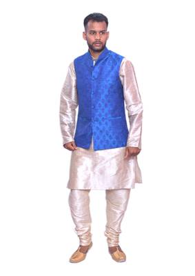 Men's Double Tone Matching Kurta Churidar With Banarsi Royal Blue Waistcoat 1