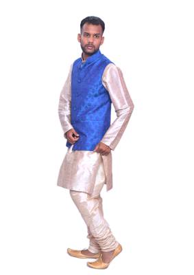 Men's Double Tone Matching Kurta Churidar With Banarsi Royal Blue Waistcoat 2