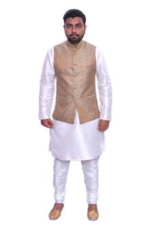 Men's White Matching Kurta Churidar With Banarsi Gold  Waistcoat (RG-16821-)