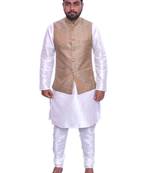 Men's White Matching Kurta Churidar With Banarsi Gold  Waistcoat (RG-16821-)
