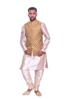 Men's Double Tone Matching Kurta Churidar With   Banarsi Copper Gold Waistcoat
