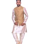 Men's Double Tone Matching Kurta Churidar With   Banarsi Copper Gold Waistcoat
