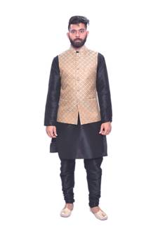 Men's Black Matching Kurta Churidar With Light Gold  Waistcoat