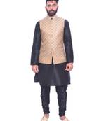 Men's Black Matching Kurta Churidar With Light Gold  Waistcoat