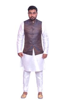 Men's White Matching Kurta Churidar With Banarsi Brown Waistcoat