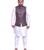Men's White Matching Kurta Churidar With Banarsi Brown Waistcoat