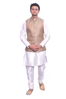 Men's Cream Matching Kurta Churidar With Banarsi Gold Waistcoat