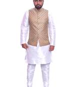 Men's White Matching Kurta Churidar With Light Gold Waistcoat (RG-16991-)
