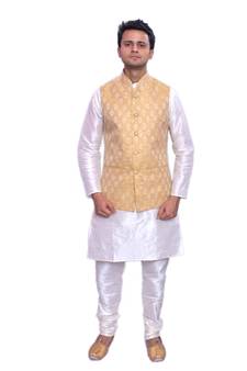Men's Cream Matching Kurta Churidar With  New Gold 1st Waistcoat