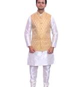 Men's Cream Matching Kurta Churidar With  New Gold 1st Waistcoat