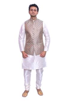 Men's Cream Matching Kurta Churidar With  Banarsi Gray 1st Waistcoat (RG-17041-)