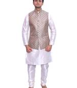 Men's Cream Matching Kurta Churidar With  Banarsi Gray 1st Waistcoat (RG-17041-)