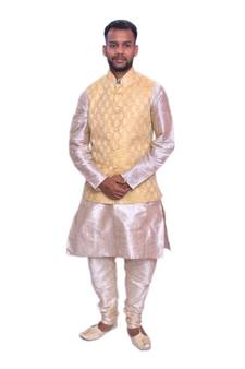 Men's Double Tone Matching Kurta Churidar With  New Gold 1st  Waistcoat