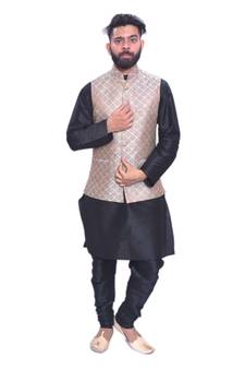 Men's Black Matching Kurta Churidar With  Banarsi Gray 1st Waistcoat