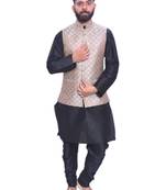 Men's Black Matching Kurta Churidar With  Banarsi Gray 1st Waistcoat