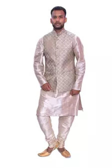 Men's Double Tone Matching Kurta Churidar With Banarsi Gray 1st  Waistcoat