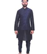 Men's Black Matching Kurta Churidar With  Navy Blue Waistcoat