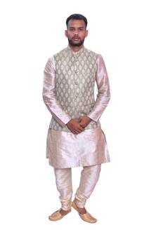 Men's Double Tone Matching Kurta Churidar With Mint Cream  Waistcoat