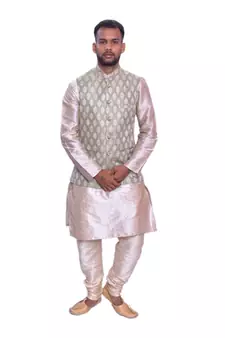 Men's Double Tone Matching Kurta Churidar With Mint Cream  Waistcoat
