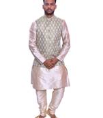 Men's Double Tone Matching Kurta Churidar With Mint Cream  Waistcoat