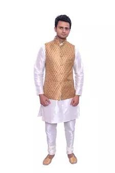 Men's Cream Matching Kurta Churidar With  Gold Bindoo Waistcoat