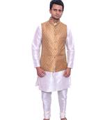 Men's Cream Matching Kurta Churidar With  Gold Bindoo Waistcoat