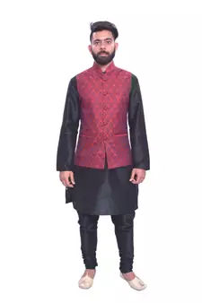 Men's Black Matching Kurta Churidar With  Maroon 1st Waistcoat
