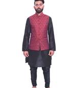 Men's Black Matching Kurta Churidar With  Maroon 1st Waistcoat