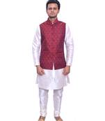 Men's Cream Matching Kurta Churidar With  Maroon 1st Waistcoat