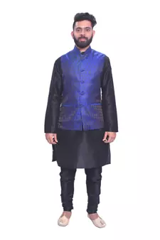 Men's Black Matching Kurta Churidar With Solid Royal Blue Waistcoat
