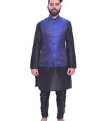 Men's Black Matching Kurta Churidar With Solid Royal Blue Waistcoat