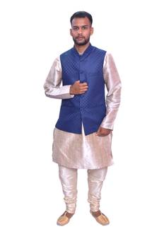 Men's Double Tone Matching Kurta Churidar With Designer Blue Joot Waistcoat