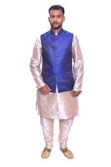 Men's Double Tone Matching Kurta Churidar  With Solid Royal Blue Waistcoat